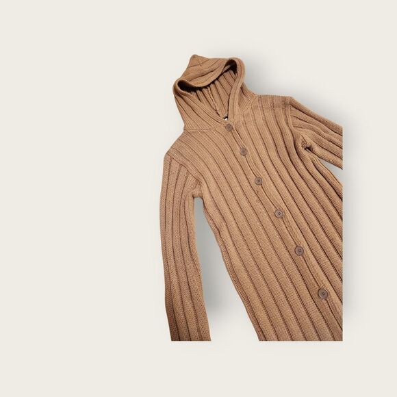 VTG Y2k Forever 21 tan knit ribbed hoodie button down bell sleeve sweater jacket - Picture 3 of 6